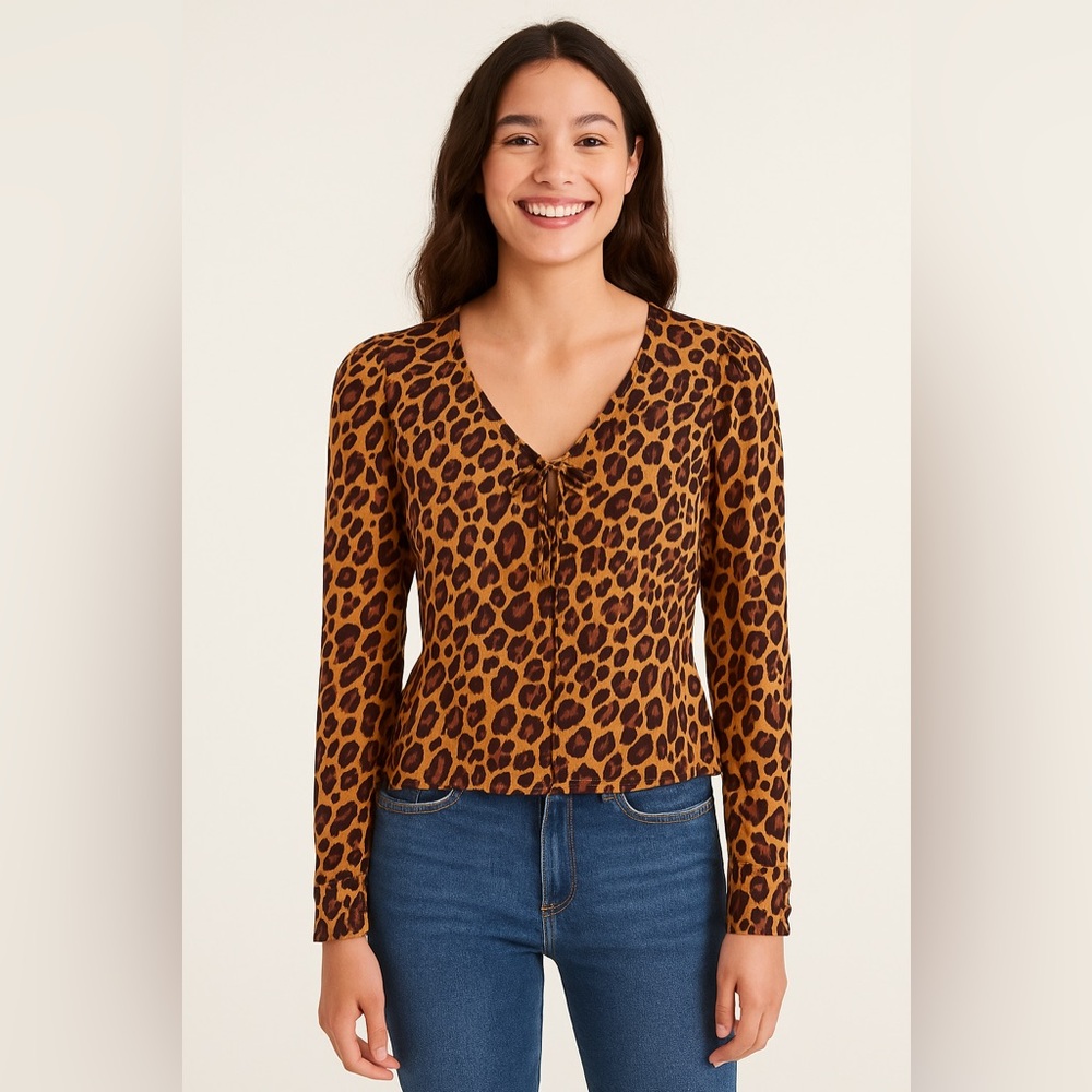 MNG Mango Leopard Print Puff Sleeve Blouse with Front Tie – Size M